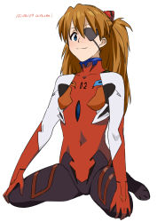 Rule 34 | 1girl, baba arumi, blue eyes, bodysuit, breasts, covered navel, dated, eyepatch, full body, gloves, hair ornament, hands on own knees, headgear, light brown hair, light smile, long hair, looking at viewer, neon genesis evangelion, orange hair, pilot suit, plugsuit, rebuild of evangelion, signature, simple background, sitting, small breasts, smile, solo, souryuu asuka langley, spread legs, turtleneck, two side up, wariza
