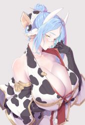 Rule 34 | 1girl, animal ears, animal print, bare shoulders, black gloves, blue hair, blush, breasts, cleavage, collarbone, cow ears, cow horns, cow print, detached sleeves, draph, elbow gloves, glasses, gloves, granblue fantasy, hair bun, horns, ion (cation), large breasts, long hair, looking at viewer, parted bangs, shatola&#039;s mother (granblue fantasy), single hair bun, solo, white-framed eyewear, wide sleeves, yellow eyes