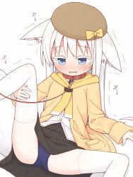 Rule 34 | 1girl, animal ear fluff, animal ears, ayanepuna, beret, black ribbon, black skirt, blue eyes, blue one-piece swimsuit, blush, bow, brown hat, brown robe, collar, collared shirt, colored eyelashes, commentary request, feet out of frame, full body, hands up, hat, hat bow, leash, long hair, long sleeves, neck ribbon, nose blush, one-piece swimsuit, original, parted lips, pleated skirt, red collar, ribbon, robe, shadow, shio (ayanepuna), shirt, simple background, skirt, solo, spread legs, swimsuit, swimsuit under clothes, tail, tears, trembling, very long hair, wavy mouth, white background, white hair, white legwear, white shirt, wide sleeves, yellow bow