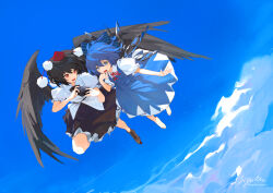 Rule 34 | 2girls, :d, above clouds, artist name, barefoot, bird wings, black hair, black skirt, black wings, blue bow, blue dress, blue eyes, blue hair, blue sky, bow, brown footwear, card, cirno, cloud, commentary request, dress, flying, full body, hair bow, hat, highres, holding, holding card, ice, ice wings, looking at another, multiple girls, neck ribbon, open mouth, pinafore dress, puffy short sleeves, puffy sleeves, red eyes, red headwear, red ribbon, ribbon, shameimaru aya, shirt, short sleeves, signature, siyumu, skirt, sky, sleeveless, sleeveless dress, smile, tokin hat, touhou, twitter username, white shirt, wings