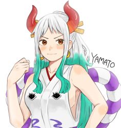 Rule 34 | 1girl, aqua hair, arm up, blush, breasts, character name, closed mouth, commentary request, earrings, hair ornament, highres, horns, japanese clothes, jewelry, kimono, looking at viewer, multicolored hair, one piece, orange hair, ponytail, red horns, rope, sa wint, shimenawa, sideboob, sidelocks, simple background, sleeveless, sleeveless kimono, solo, upper body, white background, white hair, white kimono, yamato (one piece)