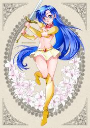Rule 34 | 1girl, armor, asou yuuko, bikini armor, blue eyes, blue hair, boots, flower, full body, holding, holding sword, holding weapon, knee boots, lily (flower), long hair, looking at viewer, mugen senshi valis, red scarf, scarf, shiny skin, shoulder armor, skirt, solo, standing, standing on one leg, sword, tabby chan, twitter username, weapon, white skirt, yellow footwear