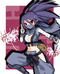 1girl ahoge armor bandaged_arm bandages black_hair blue_hakama blue_pants body_blush border breasts cleavage demon_girl disgaea flower hair_ribbon hakama japanese_armor japanese_clothes kuji-in kunai kunoichi_(disgaea) large_breasts long_hair makai_senki_disgaea_2 mask mouth_mask navel ninja ninja_mask pants pointy_ears ponytail red_background red_eyes reverse_grip ribbon scarf shiny_skin solo spider_lily spiked_hair suaman suneate torn_clothes torn_scarf v-shaped_eyebrows weapon white_border wide_ponytail wrist_cuffs