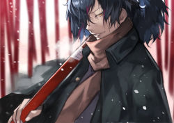 Rule 34 | 1boy, black hair, blood, blood in hair, close-up, fate/grand order, fate (series), hair over one eye, half-closed eyes, highres, holding, holding weapon, japanese clothes, katana, kimono, koha-ace, long hair, long sleeves, looking at viewer, male focus, okada izou (fate), ponytail, scarf, smile, solo, sword, weapon, yellow eyes, yoshio (55level)