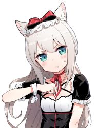 Rule 34 | 1girl, animal ears, azur lane, blue eyes, bow, breasts, cat ears, choker, grey hair, hair bow, hammann (azur lane), hori (hori no su), long hair, looking at viewer, necktie, pout, red bow, red choker, ribbon choker, simple background, small breasts, solo, upper body, white background, wrist cuffs