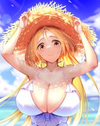 arms_up bare_arms bare_shoulders blonde_hair blue_sky breasts cleavage closed_mouth collarbone day dress halterneck hat head_tilt highres kaede_acer large_breasts lens_flare light_smile long_hair looking_at_viewer original outdoors sky straw_hat summer upper_body white_dress yellow_eyes