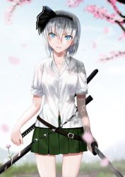 Rule 34 | 1girl, beads, blue eyes, blue sky, blurry, breasts, cherry blossoms, collared shirt, cowboy shot, dappled sunlight, day, depth of field, eyebrows, eyes visible through hair, flower, grass, green skirt, hairband, head tilt, holding, holding sword, holding weapon, konpaku youmu, light rays, lips, looking at viewer, mountain, multiple swords, parted lips, petals, sheath, sheathed, shirt, short hair, short sleeves, silhouette, silver hair, skirt, sky, small breasts, solo, standing, sumeragi seisuke, sunlight, sweat, sword, teeth, touhou, tree, tree shade, unsheathed, untucked shirt, unworn vest, weapon