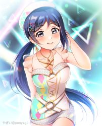 Rule 34 | 1girl, amazing travel dna, artist name, artist request, bare shoulders, blue hair, blush, breasts, cleavage, dress, earrings, female focus, food, frilled dress, frills, fruit, gloves, hair between eyes, hair ornament, hairclip, hat, highres, jewelry, long hair, looking at viewer, love live!, love live! school idol festival, love live! sunshine!!, matsuura kanan, necklace, pear, ponyagii, ponytail, purple eyes, smile, solo, triangle hair ornament, white dress, white gloves