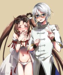 Rule 34 | 1boy, 1girl, bare shoulders, bikini, blue eyes, blush, breasts, brown hair, chinese clothes, cleavage, closed eyes, collarbone, earrings, eyewear on head, fate/grand order, fate (series), hair between eyes, hair ornament, highres, jewelry, long hair, looking at viewer, medium breasts, multiple earrings, navel, open clothes, open mouth, prince of lan ling (eastern socialite attire) (fate), prince of lan ling (fate), robe, seeds328, short hair, silver hair, smile, sunglasses, swimsuit, twintails, very long hair, white bikini, yu mei-ren (fate), yu mei-ren (swimsuit lancer) (fate)