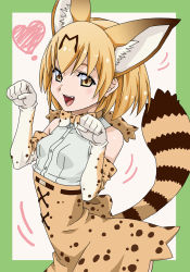 Rule 34 | 1girl, amano yo-ki, animal ears, blonde hair, bow, bowtie, breasts, elbow gloves, extra ears, gloves, heart, kemono friends, open mouth, paw pose, print bow, print bowtie, print gloves, print neckwear, serval (kemono friends), serval print, serval tail, sleeveless, small breasts, smile, solo, striped tail, tail, traditional bowtie, upper body, yellow eyes