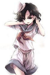 Rule 34 | 1girl, bad id, bad twitter id, black hair, brown eyes, hat, highres, hisona (suaritesumi), looking at viewer, murasa minamitsu, neckerchief, open mouth, pants, sailor hat, shirt, short hair, short sleeves, simple background, smile, solo, touhou, white background