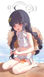 Rule 34 | 1girl, absurdres, ahoge, barefoot, black hair, blue archive, blush, braid, hair ribbon, halo, hat, hat on back, highres, leaf, leaf print, long hair, looking at viewer, miyu (blue archive), miyu (swimsuit) (blue archive), open mouth, red eyes, ribbon, shenqi de (9), sitting, solo, straw hat, swimsuit, twin braids, very long hair, water, white ribbon