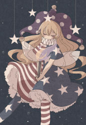 Rule 34 | 1girl, aaaabo, alternate costume, american flag dress, american flag legwear, blonde hair, closed eyes, clownpiece, collar, dress, fairy wings, fire, frilled collar, frilled shirt collar, frills, hat, highres, jester cap, long hair, neck ruff, pantyhose, petticoat, polka dot, short sleeves, solo, star (symbol), striped clothes, striped dress, torch, touhou, very long hair, wings