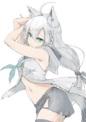 Rule 34 | 1girl, ahoge, animal ear fluff, animal ears, aqua eyes, breasts, closed mouth, commentary, cowboy shot, earrings, eyelashes, fox ears, fox tail, from side, grey shorts, grey thighhighs, hair between eyes, highres, hololive, hood, hoodie, jewelry, light smile, long hair, looking at viewer, ma (2ql), medium breasts, midriff, navel, shirakami fubuki, shirakami fubuki (1st costume), short shorts, shorts, silver hair, simple background, sleeveless, smile, solo, tail, thighhighs, thighs, virtual youtuber, white background, white hoodie