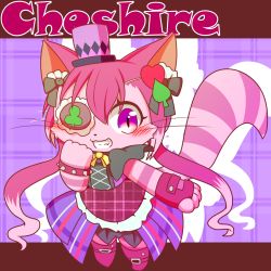 Rule 34 | 1girl, artist request, boots, cat, cat busters, character name, cheshire (cat busters), english text, female focus, furry, furry female, grin, highres, no humans, pink hair, short hair, smile, solo, text focus