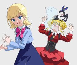Rule 34 | &gt; &lt;, 2girls, arms up, black corset, black hairband, black necktie, blonde hair, blue dress, blue eyes, blue jacket, blunt bangs, braid, braided bun, breasts, carron (waccha primagi!), carron (waccha primagi!) (rabbit), closed eyes, collared shirt, commentary request, corset, cowboy shot, crying, crying with eyes open, dolldolldd, double bun, dress, giving up the ghost, grey background, hair bun, hairband, highres, himitsu no aipri, jacket, kokoa remon, korean commentary, long sleeves, looking at viewer, medium breasts, multiple girls, necktie, open mouth, pretty series, rabbit, red dress, scared, school uniform, shirt, short hair, sidelocks, simple background, surprised, tears, trembling, waccha primagi!, white shirt