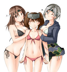 Rule 34 | 10s, 3girls, ;), bikini, breast conscious, breasts, brown eyes, brown hair, chitose (kancolle), chiyoda (kancolle), cleavage, front-tie top, girl sandwich, grey eyes, groin, hand on another&#039;s shoulder, headband, heart, highres, hood, hoodie, jacket, kaminagi (kaminagi-tei), kantai collection, looking at viewer, multiple girls, musical note, navel, one eye closed, open clothes, open hoodie, open mouth, ryuujou (kancolle), sandwiched, side-tie bikini bottom, silver hair, small breasts, smile, string bikini, swimsuit, tears, trembling, twintails, visor cap