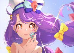 Rule 34 | 1girl, bare shoulders, blue background, bow, bow earrings, choker, collarbone, cure coral, earrings, eriko (nakaeri gogo), facial mark, gradient background, hair bow, hat, heart, heart facial mark, highres, jewelry, long hair, looking at viewer, low tied hair, low twintails, magical girl, makeup, multiple hair bows, nail polish, orange eyes, pink bow, precure, purple hair, sailor hat, smile, solo, suzumura sango, symbol in eye, tropical-rouge! precure, twintails, upper body, white hat, yellow bow