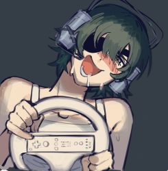 Rule 34 | 1girl, beer can, blush, can, chainsaw man, drink can, drunk, eyepatch, game console, grey background, hair over one eye, headset, highres, himeno (chainsaw man), liowig, looking at viewer, makeshift headset, messy hair, open mouth, short hair, simple background, solo, steering wheel, sweat, sweatdrop, tank top, white tank top, wii, wii racing wheel