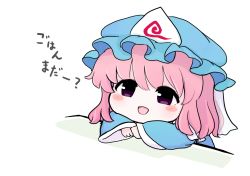 Rule 34 | 1girl, blue dress, blue hat, blue kimono, blue sleeves, blush, chibi, dress, hair between eyes, hat, japanese clothes, kimono, long sleeves, looking to the side, mob cap, open mouth, pink hair, purple eyes, rei (tonbo0430), saigyouji yuyuko, short hair, simple background, smile, solo, table, touhou, triangular headpiece, white background, wide sleeves