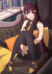 Rule 34 | 1girl, :t, absurdres, blush, cityscape, couch, dress, food-themed hair ornament, full body, girls&#039; frontline, hair ornament, hair ribbon, halloween, halloween costume, high heels, highres, knees to chest, long hair, necktie, official alternate costume, pantyhose, pillow, pout, pumpkin, pumpkin hair ornament, purple hair, red eyes, ribbon, side ponytail, solo, very long hair, wa2000 (girls&#039; frontline), wa2000 (haunted castle) (girls&#039; frontline), xiujia yihuizi