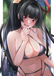 Rule 34 | 1girl, absurdres, ahoge, bare shoulders, beach, bikini, black bikini, black hair, black wings, blue archive, blunt bangs, blurry, blush, breasts, cleavage, collarbone, cowboy shot, criss-cross halter, dark halo, depth of field, embarrassed, from above, hair intakes, halo, halterneck, hand to own mouth, head tilt, highres, huge breasts, long hair, looking at viewer, mr2d, navel, open mouth, outside border, red eyes, red halo, sidelocks, swimsuit, tsurime, tsurugi (blue archive), tsurugi (swimsuit) (blue archive), very long hair, water drop, wavy mouth, wings