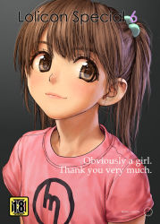 Rule 34 | 1girl, artist name, bad id, bad pixiv id, brown eyes, brown hair, child, english text, flat chest, hair bobbles, hair ornament, lips, looking at viewer, mazda, original, rustle, shirt, smile, solo, twintails, upper body