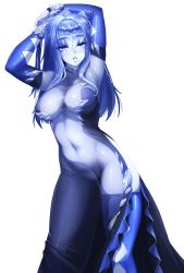 Rule 34 | 1girl, armpits, arms up, barbariank, blue dress, blue eyes, blue gloves, blue hair, blue skin, blue theme, blue thighhighs, blush, breasts, colored skin, contrapposto, detached sleeves, dress, elbow gloves, elemental (creature), gloves, hair between eyes, highres, ice, ice elemental, ice queen (monster girl encyclopedia), large breasts, leaning to the side, long hair, looking at viewer, monster girl, monster girl encyclopedia, navel, no panties, open clothes, open dress, parted lips, revealing clothes, see-through, simple background, skindentation, solo, standing, thighhighs, transparent background