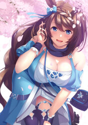 Rule 34 | 1girl, alternate costume, animal ears, bare shoulders, blue eyes, blush, bow, braid, branch, breasts, brown hair, casual, cherry blossoms, cleavage, cowboy shot, ear bow, falling petals, hair between eyes, horse ears, horse girl, horse tail, large breasts, leaning forward, long hair, looking at viewer, multicolored hair, open mouth, outdoors, petals, rin ateria, smile, solo, standing, super creek (umamusume), tail, thighhighs, tree, two-tone hair, umamusume, very long hair, white hair