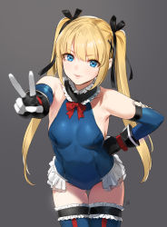 Rule 34 | 1girl, bare shoulders, black ribbon, blonde hair, blue eyes, blue legwear, blue leotard, blue one-piece swimsuit, breasts, dead or alive, dead or alive 5, elbow gloves, gloves, grey background, hair ribbon, hand on own hip, leaning forward, leotard, long hair, marie rose, one-piece swimsuit, parted lips, ribbon, simple background, small breasts, smile, solo, swimsuit, thighs, twintails, v, yd (orange maru)