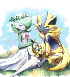 artist_name blue_eyes blush bob_cut closed_eyes creatures_(company) dress fangs flower flower_wreath furry game_freak gardevoir gen_3_pokemon gen_7_pokemon grass green_hair hair_over_one_eye kuhkrmrn_910125 legendary_pokemon mythical_pokemon nintendo on_grass open_mouth outdoors pokemon pokemon_(creature) smile white_dress yellow_fur zeraora