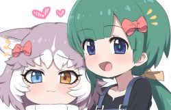 Rule 34 | 2girls, :3, animal ear fluff, animal ears, black shirt, blue eyes, blush, borrowed character, bow, collarbone, commentary request, dog (mixed breed) (kemono friends), dog ears, green hair, grey hair, hair bow, heart, heterochromia, kemono friends, long hair, multicolored hair, multiple girls, original, ponytail, portrait, ransusan, red bow, scarf, shirt, short hair, suspenders, tomoe (kemono friends) (niconico88059799), white hair, yellow bow, yellow eyes