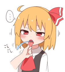 Rule 34 | ..., 1girl, 1other, ahoge, ascot, black vest, blonde hair, blush, disembodied hand, hair ribbon, highres, holding tongue, nihohohi, open mouth, red ascot, red eyes, red ribbon, ribbon, rumia, solo focus, spoken ellipsis, tongue, tongue out, toothbrush, toothbrush in mouth, touhou, upper body, vest, wing collar