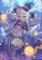 Rule 34 | 1girl, animal ears, blunt bangs, bow, bowtie, cat ears, cat tail, chain, claw pose, commentary, commission, diving suit, doyagao, full body, gloves, grey hair, grin, hat, highres, hololive, long hair, looking at viewer, murasaki shion, nikulas cage, orange eyes, pink bow, pink bowtie, pixiv commission, purple gloves, scuba tank, smile, smug, solo, striped, tail, underwater, vertical stripes, virtual youtuber, witch hat