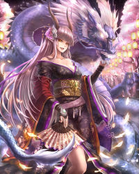 Rule 34 | 1girl, ant (fenixant), breasts, brown eyes, cherry blossoms, cleavage, dragon, dragon girl, dragon horns, eastern dragon, hand fan, fantasy lore, floral print, glowing, glowing eyes, hair ornament, hand on another&#039;s chin, horns, japanese clothes, lantern, long hair, looking at viewer, official art, open mouth, paper fan, paper lantern, pointy ears, standing, wide sleeves