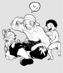 Rule 34 | 1girl, 2boys, adjusting clothes, adjusting headwear, anger vein, black hair, child, closed eyes, clothes grab, dress, grey background, greyscale, grin, hat, highres, kneeling, monkey d. luffy, monochrome, multiple boys, one piece, open clothes, open mouth, open shirt, pants, partially unbuttoned, sandals, scar, scar across eye, shanks (one piece), shirt, short hair, shorts, simple background, sitting, smile, standing, standing on one leg, straw hat, t-shirt, teeth, uta (one piece), yotsumi shiro