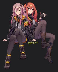 Rule 34 | 2girls, absurdres, arm support, armband, black bow, black gloves, black jacket, black pantyhose, black ribbon, black skirt, boots, bow, brown eyes, brown footwear, brown hair, closed mouth, commentary request, cross-laced footwear, dress shirt, fingerless gloves, girls&#039; frontline, gloves, hair between eyes, hair bow, hand up, highres, hood, hood down, hooded jacket, jacket, knee pads, lace-up boots, long hair, long sleeves, looking at viewer, makise minami, multiple girls, neck ribbon, one side up, open clothes, open jacket, pantyhose, pleated skirt, purple eyes, ribbon, shirt, siblings, sisters, sitting, skirt, sleeves past wrists, smile, twins, ump45 (girls&#039; frontline), ump9 (girls&#039; frontline), very long hair, white shirt
