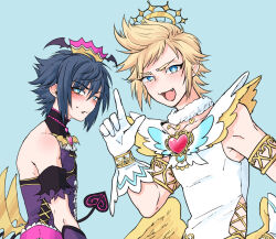 Rule 34 | 2boys, bird, black hair, blonde hair, blue background, blue eyes, blush, bright pupils, brooch, closed mouth, commentary request, crossdressing, crow, demon tail, demon wings, fake wings, fang, final fantasy, final fantasy xv, freckles, gedougawa, gloves, grey hair, hair between eyes, heart, heart brooch, jewelry, long bangs, looking at viewer, magical girl, male focus, multiple boys, noctis lucis caelum, open mouth, parody request, pink brooch, prompto argentum, purple shirt, shirt, short bangs, short hair, simple background, sleeveless, sleeveless shirt, smile, tail, upper body, white gloves, white pupils, white shirt, wings, yellow wings