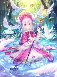 Rule 34 | 1girl, animal, bird, blush, bow, capelet, character request, commentary request, day, dove, dress, eyes visible through hair, fingernails, flower, forest, hair between eyes, hair over eyes, highres, holding, holding staff, long sleeves, looking at viewer, nail polish, nature, outdoors, pantyhose, parted lips, petals, pink capelet, puffy long sleeves, puffy sleeves, purple bow, red bow, red eyes, shadowverse, silver hair, silver nails, silveroid, sleeves past wrists, solo, sparkle, staff, water, white dress, white flower, white pantyhose