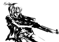 Rule 34 | 1girl, aiming, alchemybro, drawfag, ear protection, greyscale, gun, iris (material sniper), jacket, material sniper, monochrome, non-web source, rifle, scope, short ponytail, sleeves rolled up, sniper rifle, solo, weapon