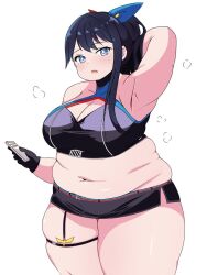 Rule 34 | 1girl, arm behind head, armpits, black gloves, black hair, blue eyes, breasts, cellphone, cleavage, fat, gloves, gridman universe, hair ornament, highres, large breasts, navel, obese, official alternate costume, open mouth, phone, ponytail, skindentation, smartphone, solo, ssss.gridman, standing, takarada rikka, thick thighs, thigh strap, thighs, usagirin