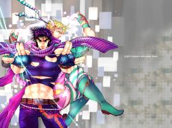Rule 34 | 2boys, adapted costume, bad id, bad pixiv id, battle tendency, belt, blonde hair, blue eyes, bola (weapon), boots, bubble, caesar anthonio zeppeli, copyright name, crop top, cropped jacket, facial mark, feather hair ornament, feathers, fingerless gloves, gloves, gomix, green eyes, green gloves, hair ornament, headband, hydrokinesis, jojo no kimyou na bouken, joseph joestar, joseph joestar (young), male focus, midriff, multiple boys, pants, purple hair, ribbon, scarf, striped clothes, striped pants, water, zigzag