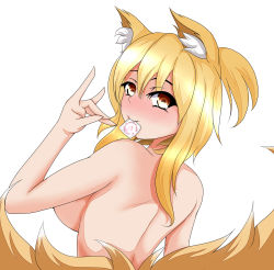 Rule 34 | 1girl, absurdres, animal ears, back, blonde hair, blush, breasts, brown eyes, condom, condom in mouth, female focus, fox ears, fox shadow puppet, fox tail, gesture, highres, large breasts, looking at viewer, looking back, merry (diameri), mouth hold, multiple tails, no headwear, nude, ponytail, simple background, smile, solo, tail, touhou, upper body, white background, yakumo ran