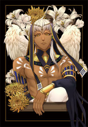 Rule 34 | 1boy, absurdres, artist name, black background, dark skin, dark-skinned male, feathered wings, flower, frown, highres, jewelry, kamigami no asobi, kurokiseow, looking at viewer, male focus, topless male, simple background, solo, tattoo, thoth caduceus, tiara, upper body, white hair, wings, yellow eyes
