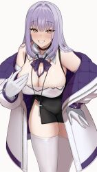 Rule 34 | 1girl, areola slip, bare shoulders, black choker, blush, bow, bowtie, breasts, choker, cleavage, coat, cross, gloves, highres, large breasts, latin cross, leaning forward, long hair, long sleeves, looking at viewer, off shoulder, open clothes, open coat, original, parted lips, purple bow, purple bowtie, purple hair, simple background, smile, solo, sukebewe, teeth, thighhighs, thighs, white background, white coat, white gloves, white thighhighs, yellow eyes