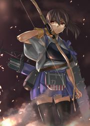 Rule 34 | 10s, 1girl, archery, arrow (projectile), black thighhighs, bow (weapon), brown gloves, brown hair, flight deck, gloves, highres, kaga (kancolle), kantai collection, kyuudou, long hair, machinery, magu (mugsfc), muneate, quiver, red eyes, revision, side ponytail, skirt, smoke, solo, thighhighs, weapon