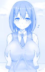 Rule 34 | 1girl, ai-chan (tawawa), bad id, bad pixiv id, blue theme, blush, grabbing another&#039;s breast, breasts, getsuyoubi no tawawa, grabbing, highres, huge breasts, kuavera, looking at viewer, monochrome, necktie, official style, school uniform, solo focus, sweater vest