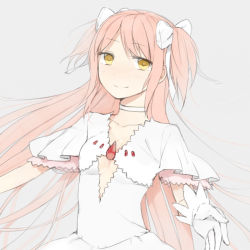 Rule 34 | 10s, 1girl, bad id, bad pixiv id, bow, dress, female focus, gloves, hair bow, kaname madoka, long hair, mahou shoujo madoka magica, mahou shoujo madoka magica (anime), pink hair, short twintails, simple background, smile, solo, tsuduya (knt31), twintails, two side up, ultimate madoka, upper body, white gloves, yellow eyes