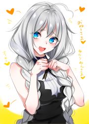 Rule 34 | 1girl, :3, :d, ^^^, ahoge, bare arms, bare shoulders, black dress, blue eyes, blush, braid, breasts, dress, fang, hands on own chest, heart, highres, kizuna akari, long hair, medium breasts, open mouth, silver hair, sleeveless, sleeveless dress, smile, solo, translation request, twin braids, two-tone background, upper body, very long hair, vocaloid, voiceroid, white background, yodare (3yami8)