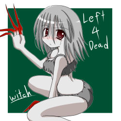 Rule 34 | 1girl, bad id, bad pixiv id, blush, breasts, character name, claws, copyright name, grey hair, hitsuki miyu, left 4 dead, looking at viewer, midriff, red eyes, sitting, solo, tears, thighs, witch (left4dead), zombie